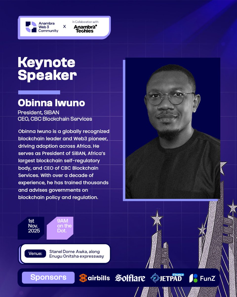 anambraweb3conf's tweet image. 🎙 Keynote Speaker Announcement!💃💃
We’re thrilled to announce Mr. Obinna Iwuno, (@iwuno_obinna ) President of SiBAN (Stakeholders in Blockchain Technology Association of Nigeria), as a Guest Keynote Speaker at the Anambra Web3 Conference 2.0!
Mr. Obinna has been at the…