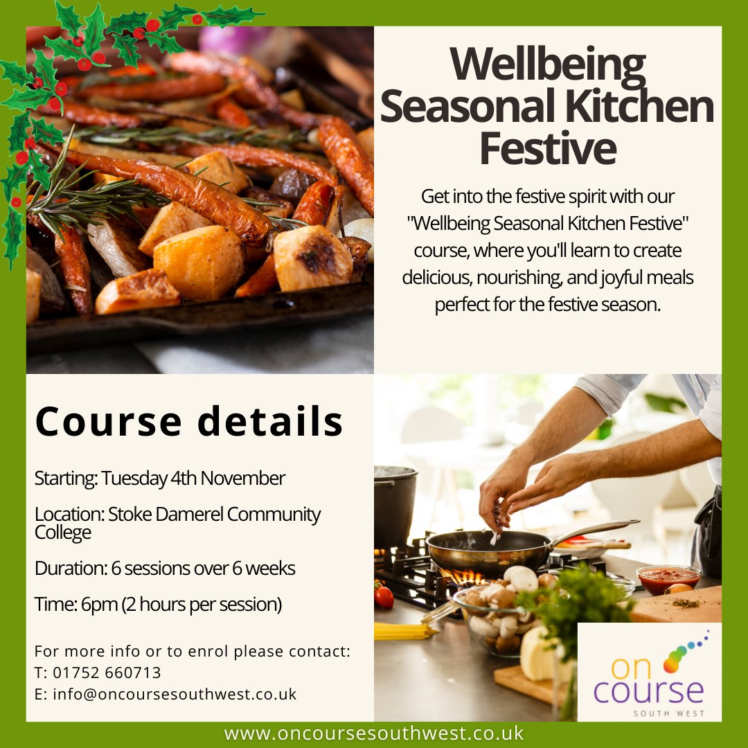 On Course South West (@oncoursesw) on Twitter photo Happy World Food Day!
Wish you were more confident in the kitchen?✨Our Wellbeing Seasonal Kitchen Festive course is perfect for you! Get ready to master essential cooking techniques. Starting on the 4th November👉ow.ly/oPb150X2FVK
#FestiveCooking #AdultLearning #Plymouth Happy World Food Day!
Wish you were more confident in the kitchen?✨Our Wellbeing Seasonal Kitchen Festive course is perfect for you! Get ready to master essential cooking techniques. Starting on the 4th November👉ow.ly/oPb150X2FVK
#FestiveCooking #AdultLearning #Plymouth