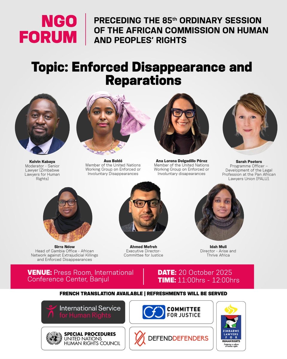 Join us this Monday for 'Enforced Disappearance and Reparations'. 

📅 20 Oct | 🕒 11:00hrs - 12:00hrs  |📍 Press Room, International Conference Centre, Kololi, Banjul