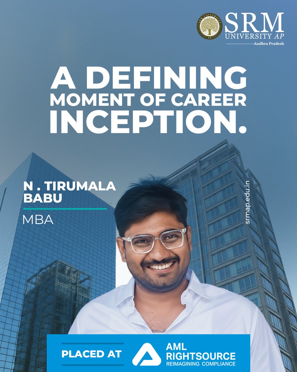 SRMUAP's tweet image. A defining moment, indeed. Congratulations to N. Tirumala Babu (MBA) on beginning his career journey with AML Rightsource! Wishing him great success as he takes this exciting step forward.

#SRMAP #ProudMoment #NurturingExcellence #PlacementDrive #Congratulations…