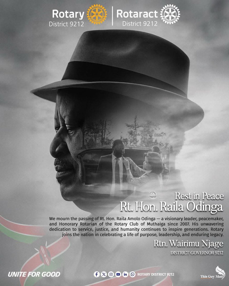 RCTankhill's tweet photo. Across Borders and Hearts, We share your Sorrow!

@RCTankhill stands with our Rotary family in @d9212_ &amp; the people of Kenya as they mourn the passing of Rt. Hon. Raila Amollo Odinga.

A statesman, a visionary, and a voice of the people, his legacy…..
#Tankhillers https://t.co/mWRXMjHnAJ