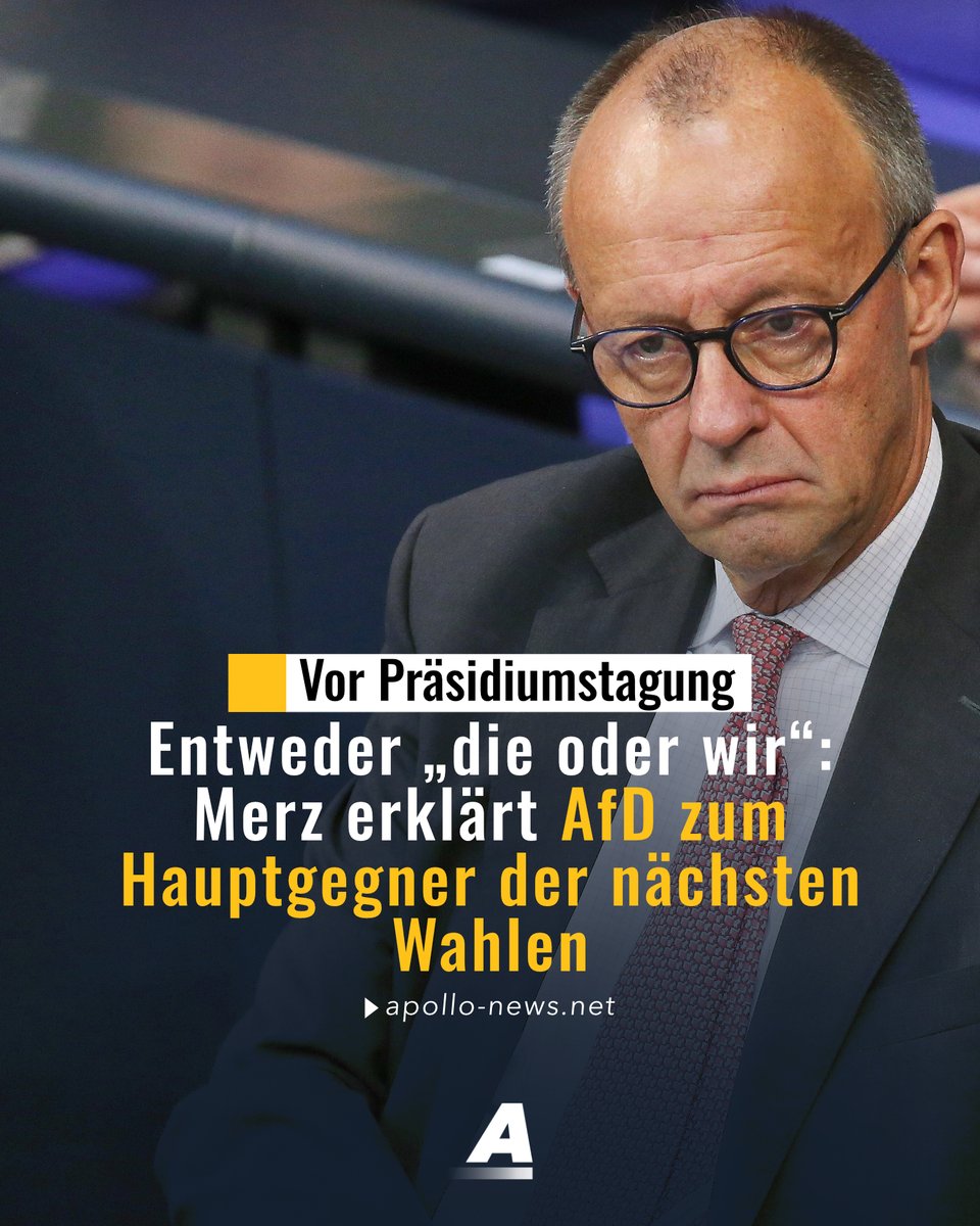 apollo_news_de's tweet image. Kanzler Merz kündigt eine deutlichere Abgrenzung der CDU von der AfD an und bezeichnet die Partei als „Hauptgegner“ der Christdemokraten. Künftige Wahlkämpfe würden sich laut Merz zuspitzen und „allein um die Frage drehen: die oder wir“.
apollo-news.net/merz-erklrt-af…
