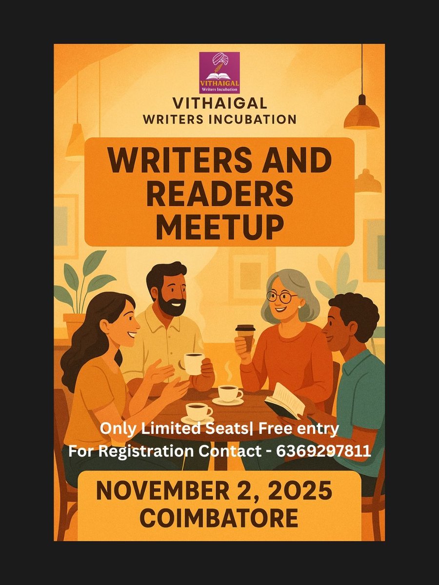 mudhunaaraiNFT's tweet image. Aspiring Tamil writers &amp;amp; readers!
Join our cozy Writers &amp;amp; Readers Meetup
Let’s connect, share &amp;amp; grow where words bloom in the aroma of coffee 
Coimbatore | 🗓️ Nov 2, 2025 | 🕔 5–7 PM
Vithaigal Writers Incubation
DM 6369297811

#VithaigalWriters #WritersMeetup #CoffeeAndWords