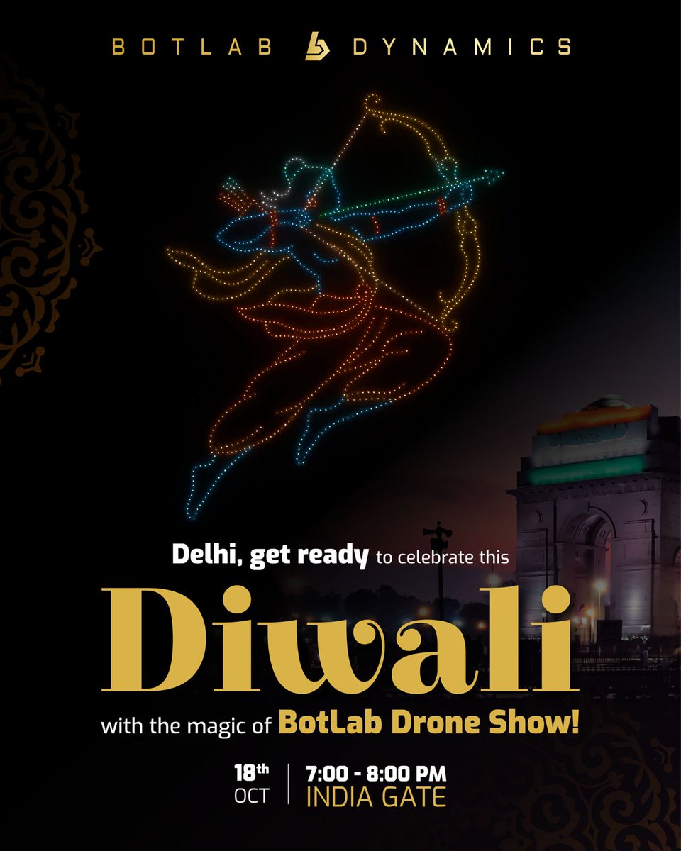 BotLabDynamics's tweet image. #Delhi get ready to celebrate #Diwali like never before with #BotLabDynamics #droneshow tonight.
.
📍India Gate
🕐 07:00 - 08:00 PM
.
#indiagate #indiagatedroneshow #diwalidroneshow #delhidroneshow #Delhi #droneshow #India
