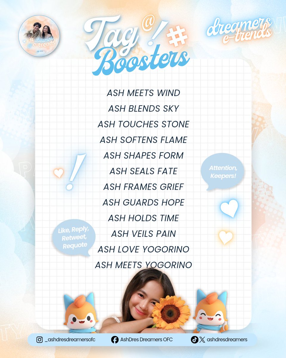 DreamersETrends's tweet image. Tag Booster One!
Kindly retweet, like, and reply as many as you can with our tags!
Goal: one hundred comments
#AshtineAtDunkinBohol