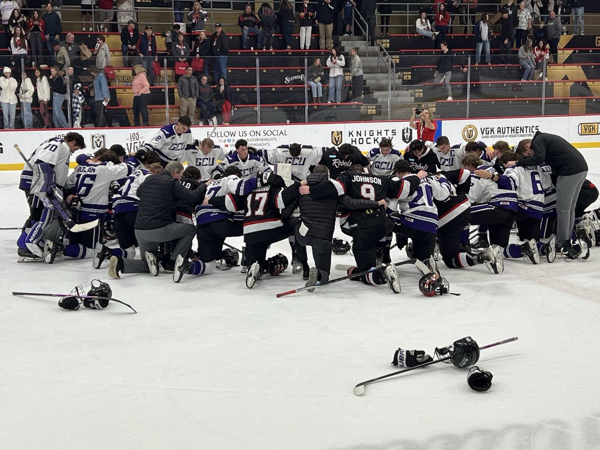 Seeing this more and more around <a href="/ACHAHockey/">ACHA Hockey</a>. After a hard, intense game between <a href="/UNLVRebelHockey/">UNLV Rebel Hockey</a> and <a href="/lopeshockey/">GCU D1 Men's Hockey</a>, both teams joined in for a prayer circle.
