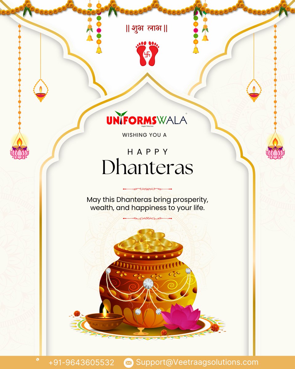 UniformsWala's tweet photo. Wishing You a Prosperous &amp; Sparkling Dhanteras! ✨
May this auspicious day bring wealth, health, and endless opportunities into your life.
Let gold of success and light of happiness fill your home forever. 💰🪔

From Team UniformsWala – Aapki Pehchaan, Hamari Shaan 🙏 https://t.co/lzzssDacq9