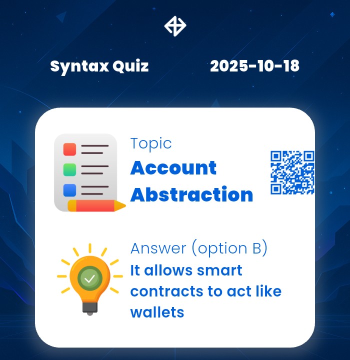 profmedian108's tweet image. 📚 OCTOBER 18TH, 2025 — OFFICIAL DAILY QUIZ ANSWERS :
Marina ➡️ B
Xenea ➡️ C
Spur ➡️ C
Syntax ➡️ B
Syntax Vault Combo:☞2-5-7-6
GM☀️
📝 Always Confirm Your Selection!
#Airwallet #SpurProtocol #Marian #xeneaquiz #syntax #Airdrops