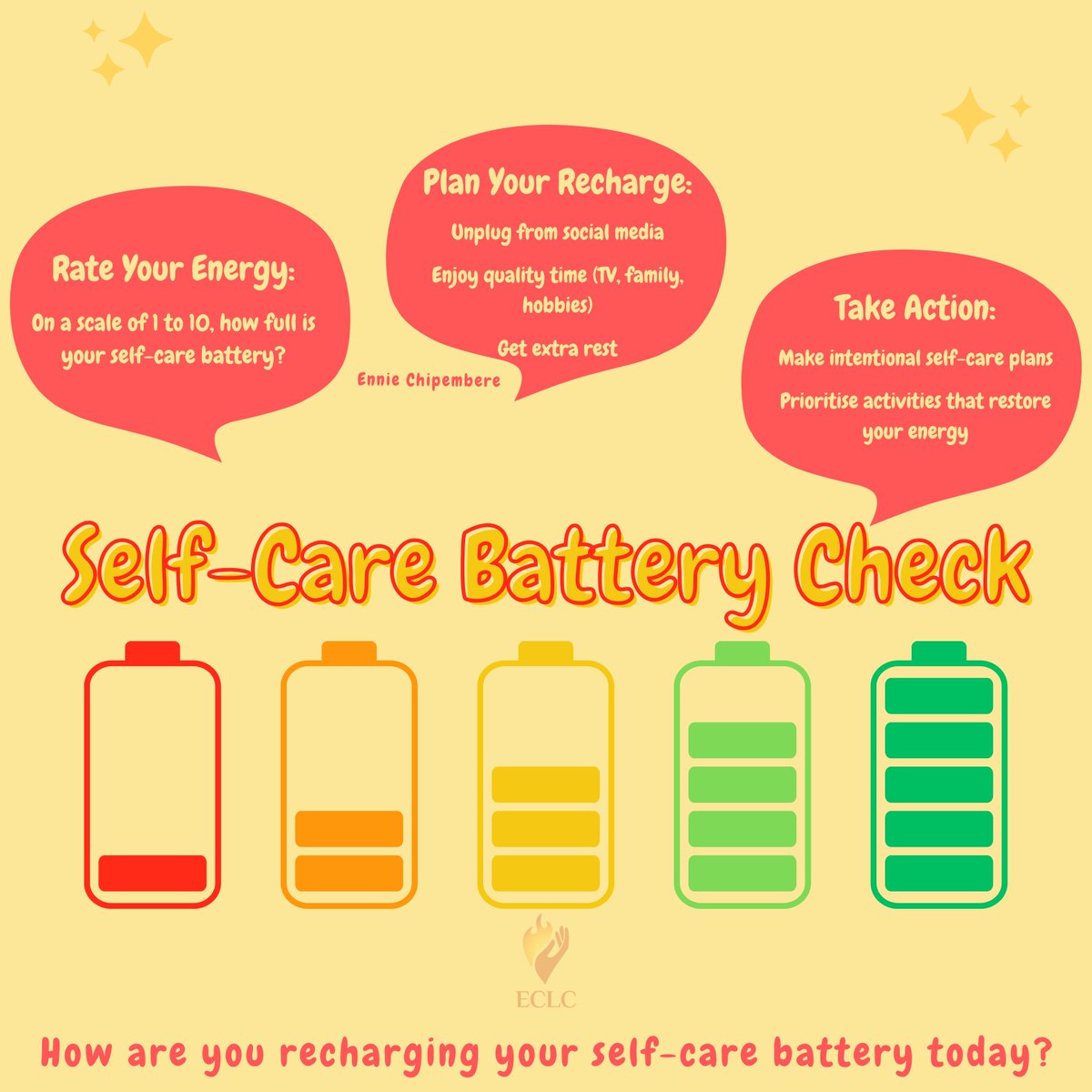 How full is your self-care battery on a scale of 1 to 10 right now? 

Taking time to recharge is crucial for overall well-being. Whether it is unplugging, enjoying quality time, or simply resting, every little self-care boost counts.

How are you recharging your self-care battery