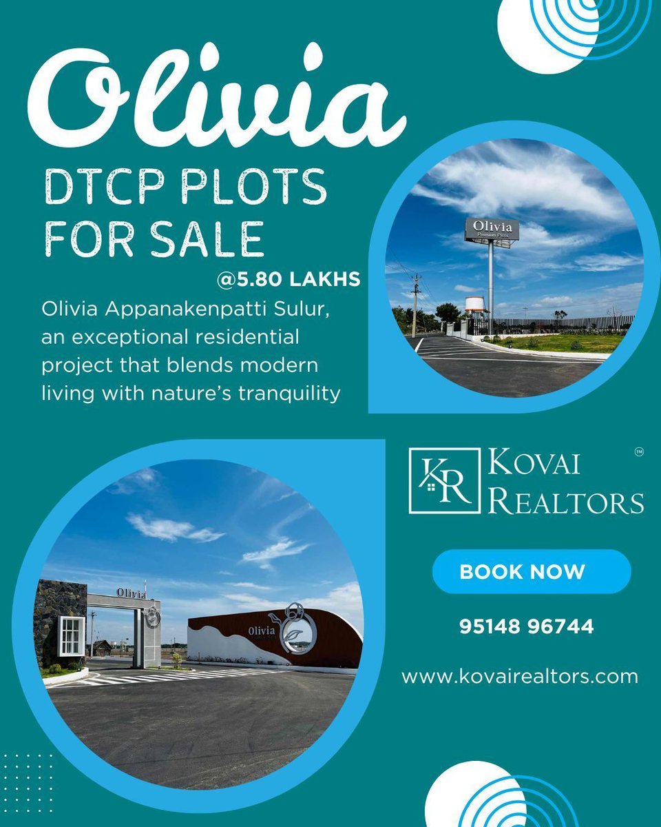 kovairealtors's tweet image. Olivia Appanakenpatti Sulur, a premium residential project designed for those who seek comfort, connectivity, and serenity. Surrounded by lush landscapes, this address redefines modern living with a touch of nature’s tranquility.
#KovaiRealtors #oliviaappanakenpatti #dtcpplots