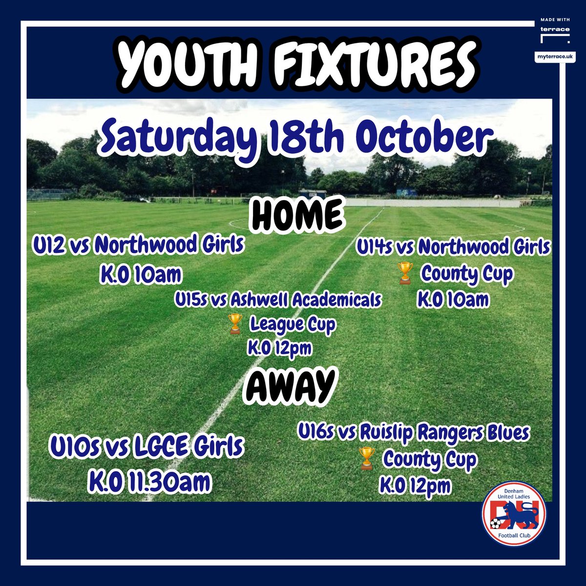 YOUTH | FIXTURES 

Good luck to our Youth teams today especially those competing  in their County and League Cup games. 

#Denhamfamily