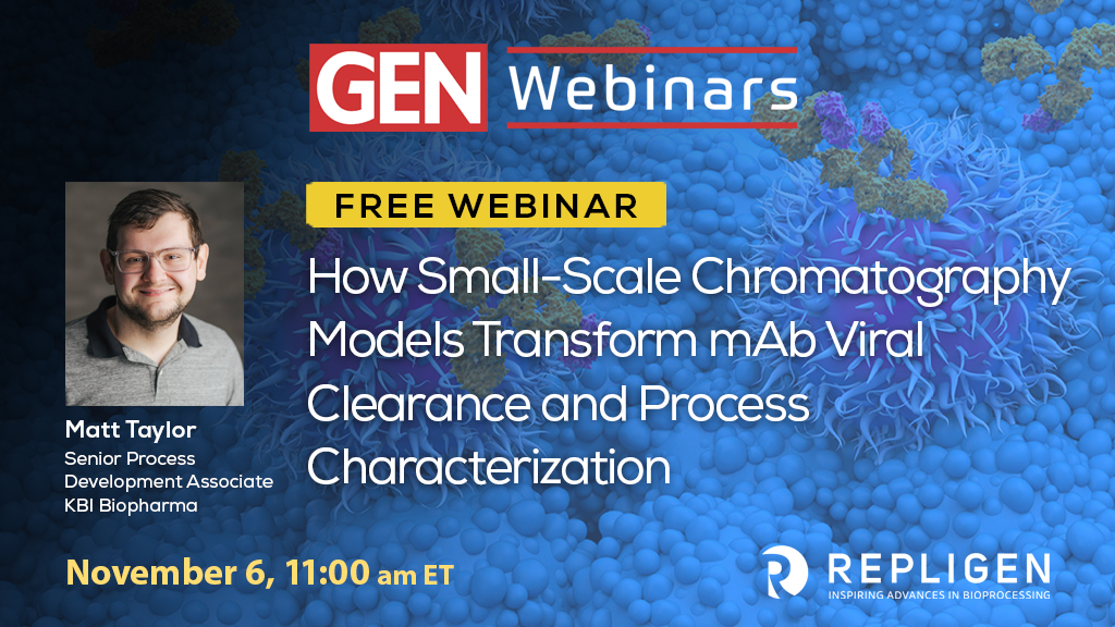 GENbio's tweet photo. Discover how small-scale chromatography models are revolutionizing mAb viral clearance! Join our free GEN webinar on Nov 6. Register: https://t.co/jcohqEVnke #Bioprocessing #Chromatography #Repligen #FreeWebinar https://t.co/E4Xvxx1tqX