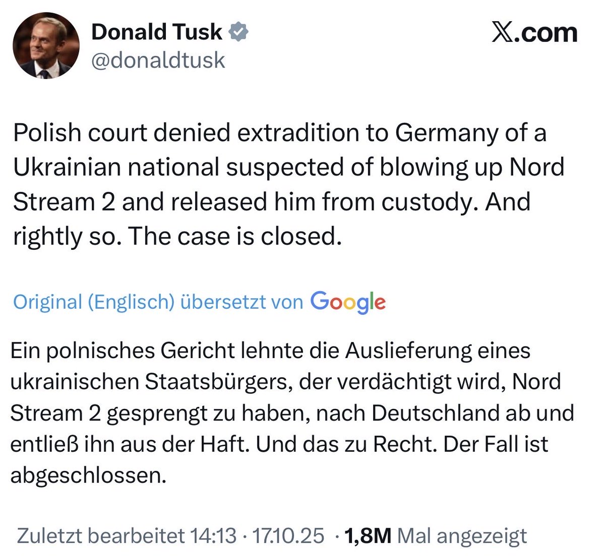 Wieviel Verachtung gegenüber der Aufklärung der Sprengung unserer Infrastruktur geht?
Es wird immer offensichtlicher, dass Polen und andere „Bündnis-Partner“ etwas zu verbergen haben. Wie reagiert die deutsche Bundesregierung? Natürlich gar nicht. Wer nicht an Aufklärung