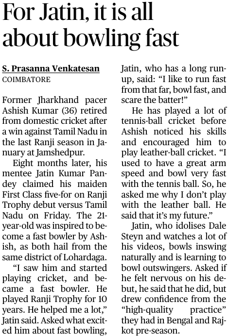 prasreporter's tweet image. Former Jharkhand pace spearhead #AshishKumar (36) retired from domestic cricket after a win against Tamil Nadu in the last Ranji season in January at Jamshedpur.
Eight months later, his mentee #JatinKumarPandey claimed his maiden First Class five-for (five for 35) onтАж