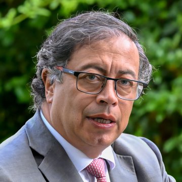 A middle-aged man with gray curly hair and glasses wears a gray suit white shirt and red patterned tie speaking outdoors with green foliage background. A flag design features red triangle on black and white stripes with green stripe at bottom representing Palestine.