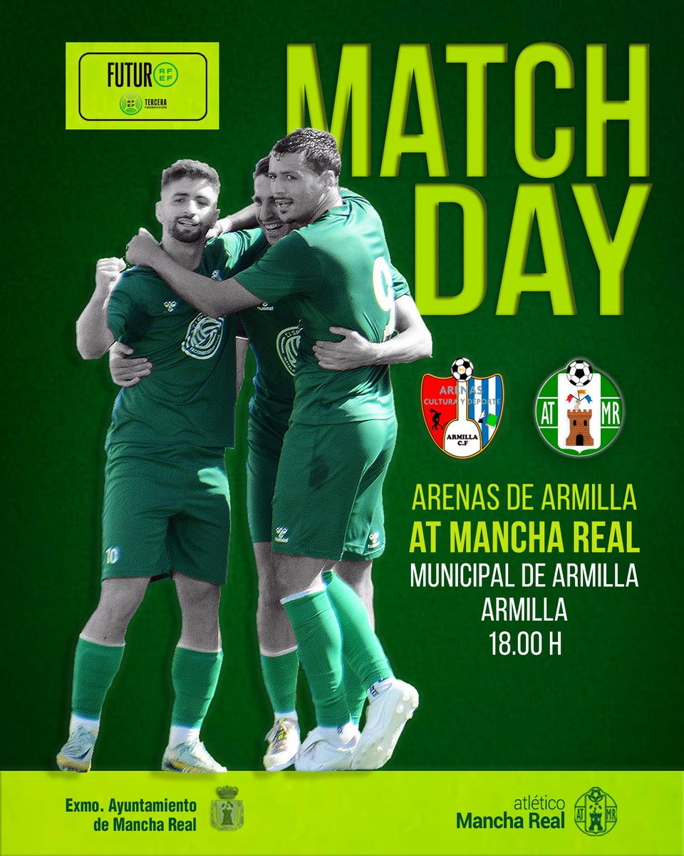 Atlético Mancha Real (@atmanchareal) on Twitter photo ⚽️ 🄷🄾🅈 🄹🅄🄶🄰🄼🄾🅂
⌚ 18,00 H
🆚️ <a href="/ArenasCyD/">ArenasDeArmilla</a>
🏟 Municipal de Armilla
📍Armilla
#InsistirResistirPersistir 🤜🏻🤛🏻
#SomosManchaReal 💚💜
#YoSoyVerde 💪🏻 ⚽️ 🄷🄾🅈 🄹🅄🄶🄰🄼🄾🅂
⌚ 18,00 H
🆚️ <a href="/ArenasCyD/">ArenasDeArmilla</a>
🏟 Municipal de Armilla
📍Armilla
#InsistirResistirPersistir 🤜🏻🤛🏻
#SomosManchaReal 💚💜
#YoSoyVerde 💪🏻