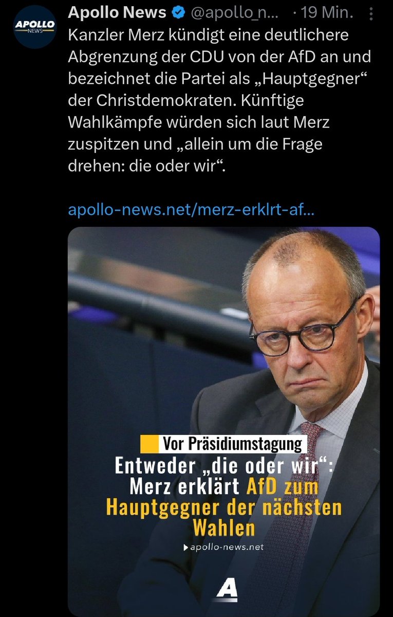 Melchior Krokop (@melchiorkrokop) on Twitter photo <a href="/apollo_news_de/">Apollo News</a> Merz: CDU sieht AfD als Hauptgegner
Die Hauptgegner der CDU sind also nicht Linksextreme mit anti-weißen, anti-christlichen, öko-radikalen und anti-humanen Umbaufantasien, sondern die Partei, die das Parteiprogramm der CDU von vor zehn Jahren hat.
Junge ist das dumm <a href="/apollo_news_de/">Apollo News</a> Merz: CDU sieht AfD als Hauptgegner
Die Hauptgegner der CDU sind also nicht Linksextreme mit anti-weißen, anti-christlichen, öko-radikalen und anti-humanen Umbaufantasien, sondern die Partei, die das Parteiprogramm der CDU von vor zehn Jahren hat.
Junge ist das dumm