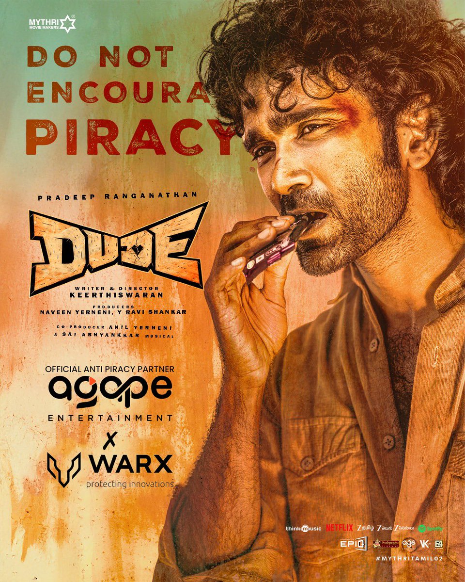 agape_entertain's tweet photo. #Dude sensational @pradeep_ranganathan, this film is a heartfelt exploration of identity, loyalty, and the courage to embrace change.

#agapeentertainment #WarXAntiPiracy is at the forefront of the battle against movie piracy. Stand with us to protect creativity https://t.co/7Zy9nwwoqW
