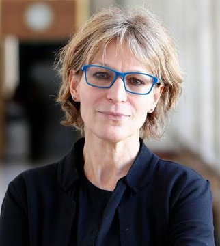 First image shows a woman with short blonde hair wearing blue glasses and a black top, standing indoors with a neutral background. Second image depicts a man with gray hair in a gray suit speaking into a microphone against a blue backdrop with white stars.