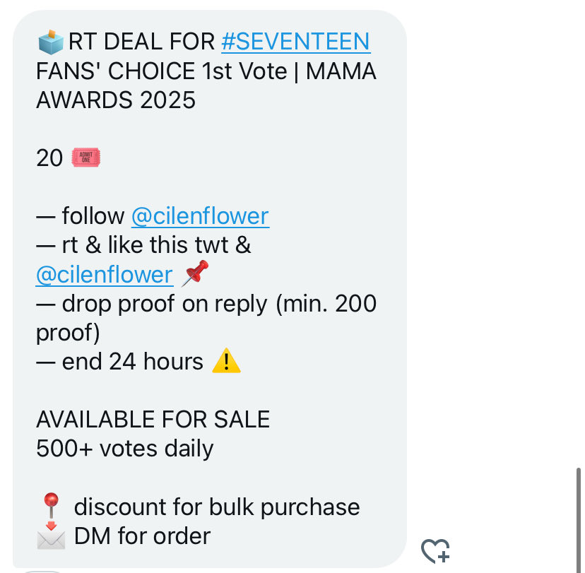 🗳️RT DEAL FOR #SEVENTEEN FANS' CHOICE 1st Vote | MAMA AWARDS 2025 

20 🎟️

— follow <a href="/cilenflower/">𝒞𝒾𝓁𝑒𝓃 ˙⋆✮ selling votes</a> 
— rt &amp; like this twt &amp; <a href="/cilenflower/">𝒞𝒾𝓁𝑒𝓃 ˙⋆✮ selling votes</a> 📌 
— drop proof on reply (min. 200 proof)
— end 24 hours ⚠️

AVAILABLE FOR SALE
500+ votes daily 

📍 discount for bulk purchase
📩 DM for order