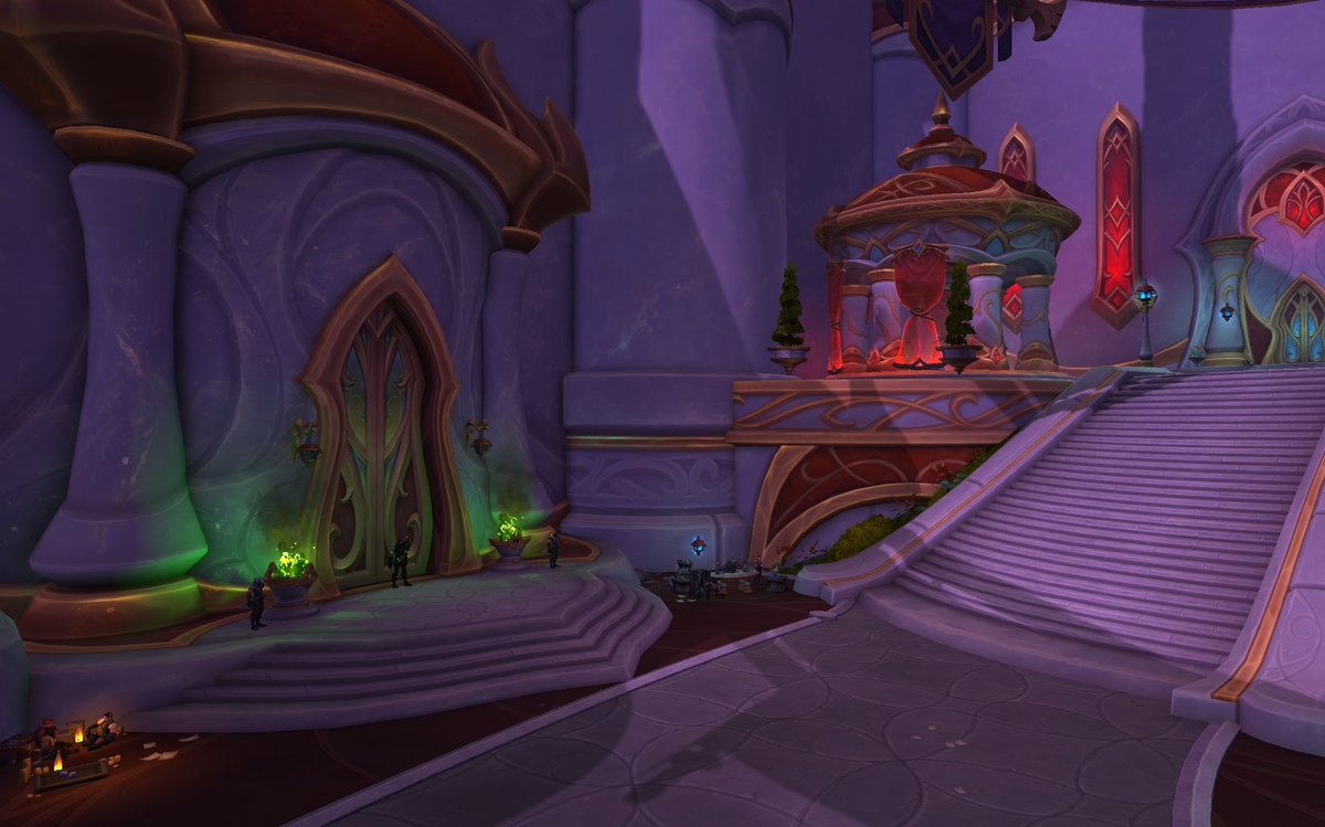 Portergauge's tweet photo. As an aside, Murder Row is *easily* my favorite area of the new Silvermoon. 

It's been expanded so much from an awkwardly placed walkway in front of the capitol building into a proper underbelly for the downtrodden of the city, languishing right in the shadow of Sunfury Spire. https://t.co/6dK8N3hEes