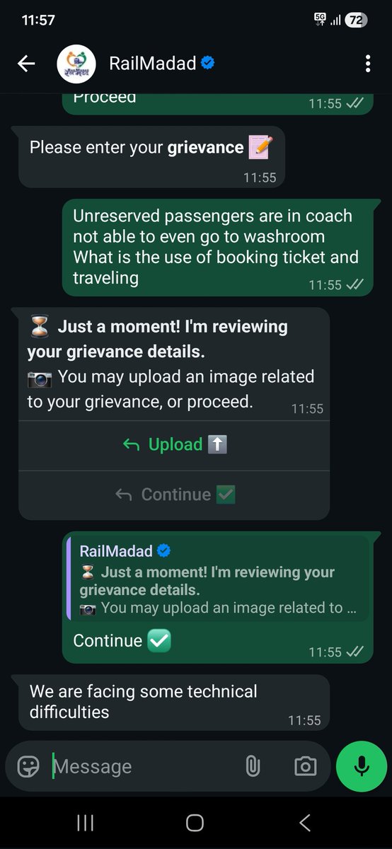 ravinash16's tweet photo. @RailMinIndia @RailwaySeva tried raising complaint through WhatsApp but no use 
Hats off to your services https://t.co/LLbnnzfzCn