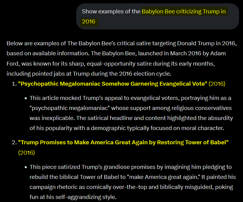 Main upshot of AI is its usefulness as a search function for answers to specific questions. Like what the Babylon Bee had to say about Trump in 2016.