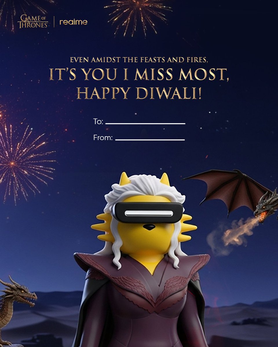 From the fire of dragons to the light of diyas 🐉🪔
May your Diwali burn brighter with power and glory! ✨
<a href="/realmeIndia/">realme</a> wishing you a realm full of victories and joy 💛
 #GameofThronesPhone #OwnYourRealPower #realme15Pro