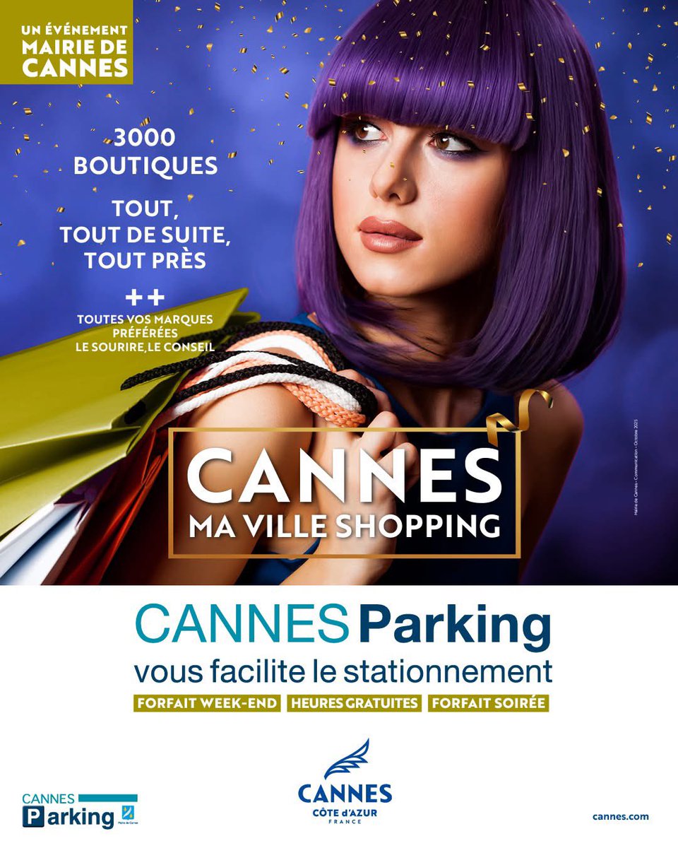 🛍️ Cannes, ma ville shopping !

🎉 Braderie en cours, animations festives et bonnes affaires au rendez-vous !
🚶‍♀️ Rue d’Antibes piétonne de 14h à 19h
🚗 3h de parking offertes aujourd’hui et demain + forfait journée à 6,10€ ce samedi avec ticket de caisse.