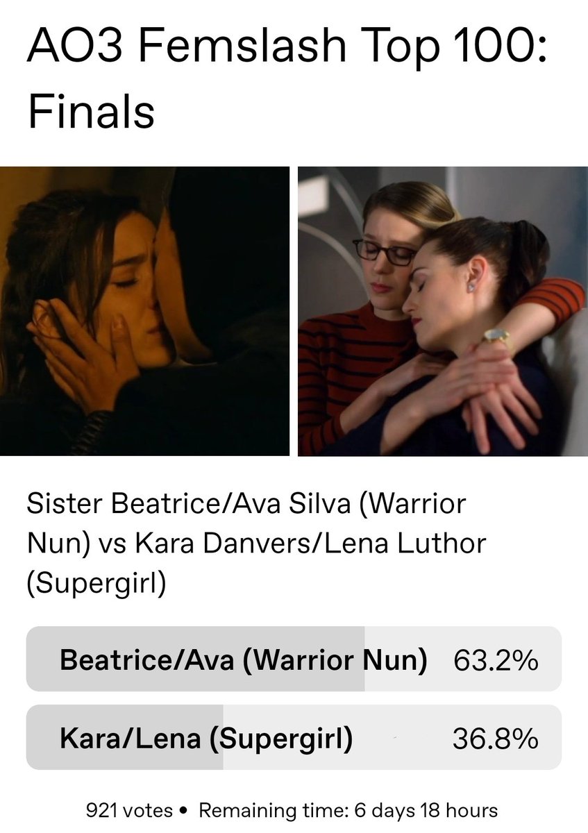 we made it to the final round!

➡️ tumblr.com/ao3femslashtop…

go drop a vote for #Supercorp ❤️💙