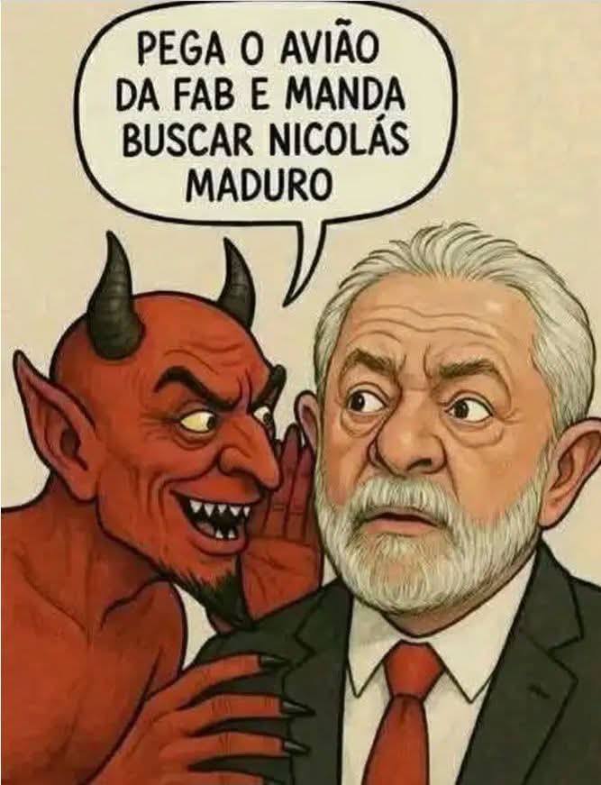 A cartoon illustration shows an elderly man with white hair and glasses wearing a dark suit and red tie, identified as Nicolás Maduro, standing and listening attentively. A red devil with horns, sharp teeth, and claws whispers into his ear while grinning maliciously. The background is plain beige. Portuguese text bubbles read Pega o avião da FAB escancarada mandar buscar Nicolás Maduro.