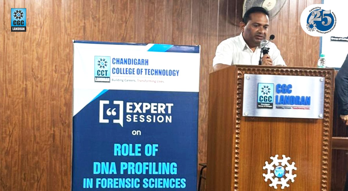 CGCPunjab's tweet photo. Decoding Justice through Science! 
The Dept. of Biotechnology, CGC Landran, organized an expert session on “Role of DNA Profiling” with Dr. Sanjiv Kumar, Asst. Director, FSL Mohali.
Students explored the forensic power of DNA in crime-solving &amp; beyond! 

#CGCLandran #DNAProfiling https://t.co/p2RWy0aOZs