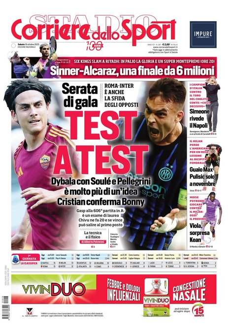 Today's front page Corriere dello Sport, Saturday 18 October 2025