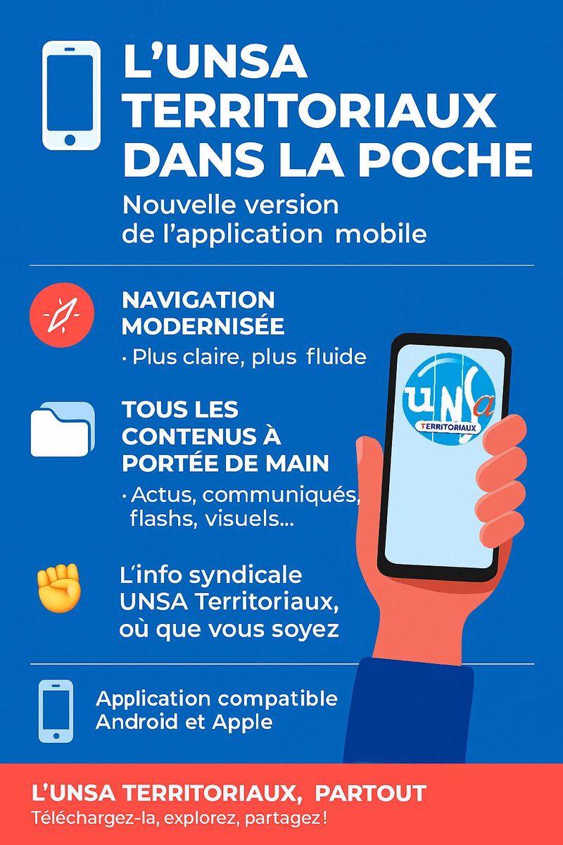 FedUNSATer's tweet image. #Application UNSA Territoriaux

Actus, communiqués, flashs techniques, visuels, contacts régionaux… tout est accessible depuis votre #smartphone.

L’info syndicale à portée de main, où que vous soyez ✊
#Android #iOS #iPhone