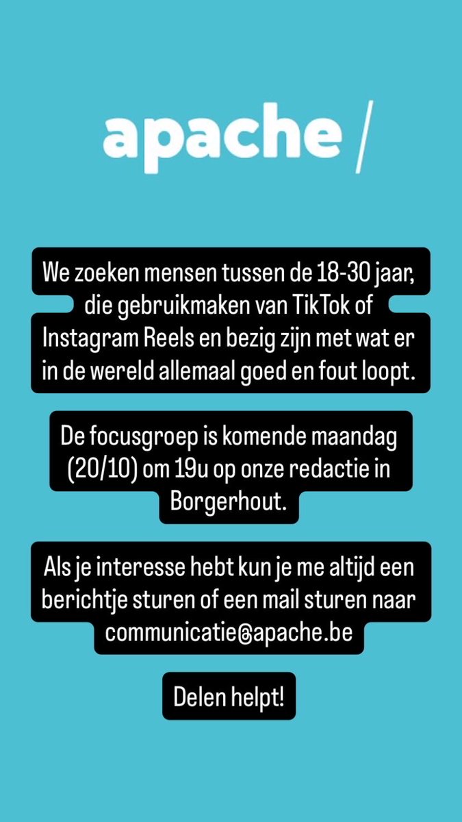 We organiseren komende maandag (20/10) een focusgroep bij Apache met kritische jongeren (18-30 jaar) die hun mening willen geven over enkele korte video’s waar we recent aan gewerkt hebben.

Delen helpt!
