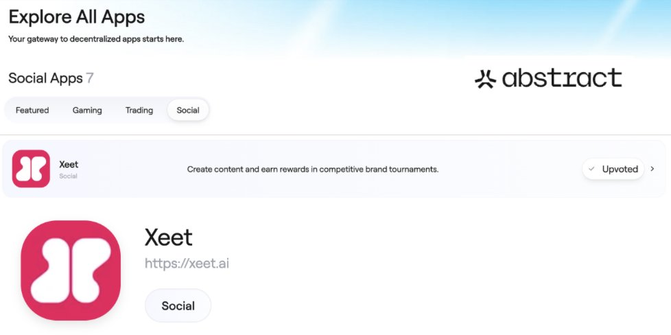 Abstract just added Xeet to their portal, imo, a $ABS campaign on Xeet could be coming soon.

Right now, you can already earn Xeet points by creating content about Abstract itself🐧

If Abstract runs a mindshare campaign before TGE, it’s pretty sure they’ll do it on Xeet since