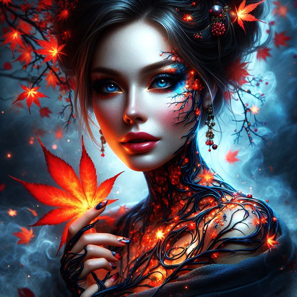 DigitalArtKyiv's tweet photo. She is the breath of autumn and the light of the night sky in the artist's imagination. Fiery leaves pulse in her veins, and her soul whispers stories of love to the wind. #digitalart #autumnmagic #romance #RomanticArt #DigitalDreams #AutumnMuse #DigitalArt #art https://t.co/G8slv4jcrY