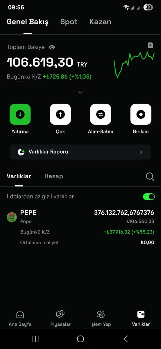 PEPE 0.00001 e gelene kadar her gün ufak tefek Pepe alıp kumbara yapıyorum gün 2. Alımım 38 bin TL 
İlk alımım 69 bin TL di artık her gün tek tek yazcam  

Olurda Pepe güzel bir ivmelenme yakalarsa spor araba alırım belki