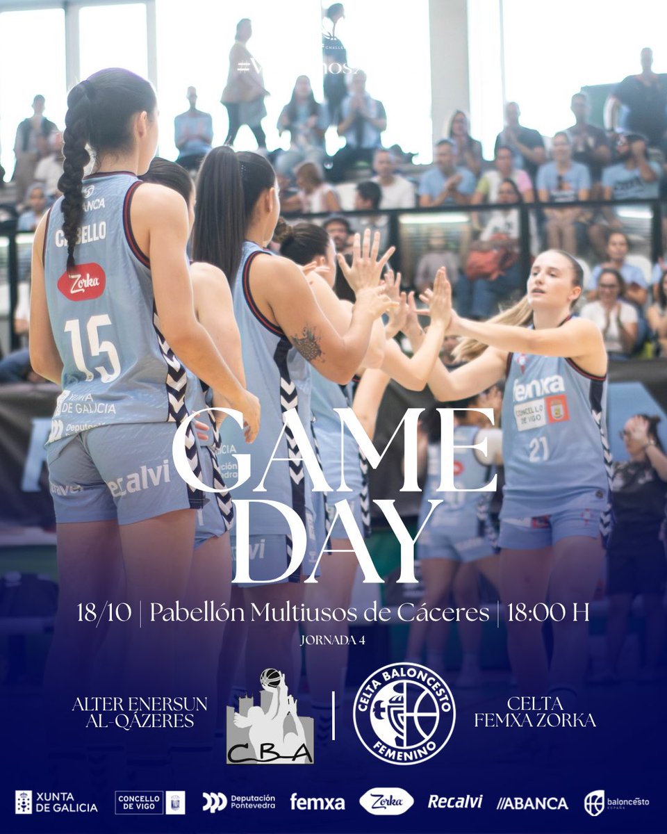 🏀 GAMEDAY 🩵

Volvemos á acción! As nosas xogadoras visitan Cáceres para medirse ao <a href="/cb_alqazeres/">C.B.AL-QAZERES</a> na cuarta xornada da #LFChallenge.

📍 Pabellón Multiusos de Cáceres
🕕 18:00 h
⚔️ Alter Enersun Al-Qázeres vs Celta Femxa Zorka

Imos con todo! 💪
#VoltemosXuntos