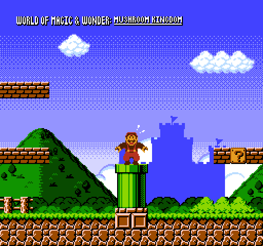 raviolichu's tweet image. go my ITWC mockups. This time, it's titled 'Unfamiliar Lands'.
This would be the in-universe 'opening cutscene' for the rom hack Mora's currently stuck in.
Blinded by Nostalgia was a very big inspiration for this.
#smbitwc #pixelart #horrorbrew