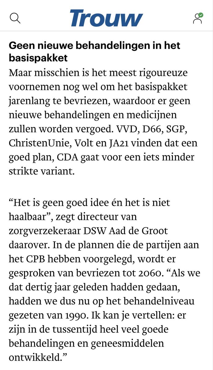 Nu overleeft 9 op de 10 vrouwen 5 jaar na borstkanker, in de jaren ’60 was dat de helft. 

Dat is vooruitgang dankzij nieuwe behandelingen voor iedereen.

VVD, D66 en JA21 willen dat nieuwe behandelingen/medicijnen alleen beschikbaar komen voor mensen die het zelf kunnen betalen.