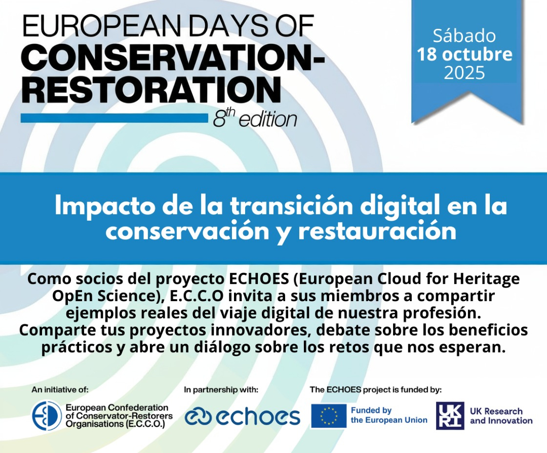 ACRE - ECCO
Jornadas Europeas de Conservación Restauración (EDCR) 2025

HOY Sábado 18:
Impacto de la transición digital en la conservación-restauración.
#ECCO_EDCR
#ECCOCommunity
#SomosACRE