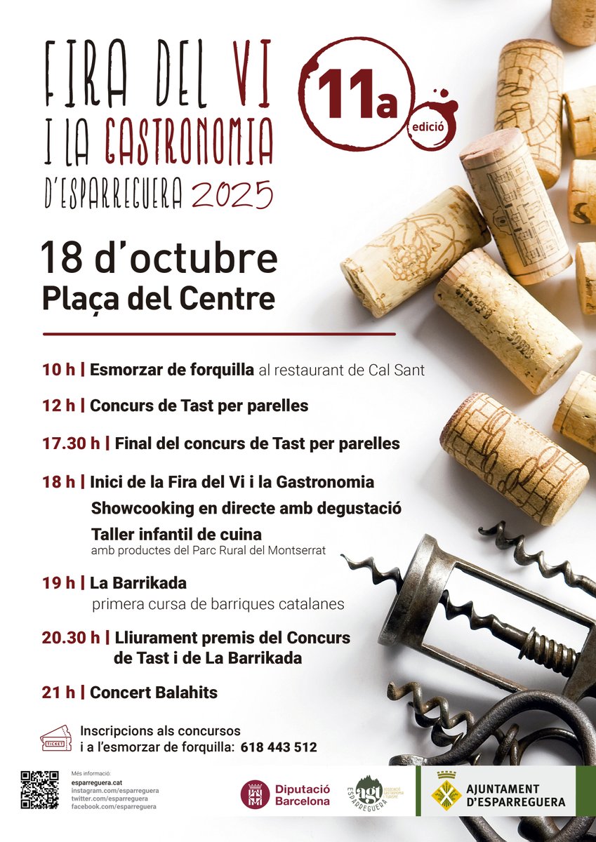 🗓️ #Esparreguera celebra avui l'11a edició de la #FiradelVi i la #Gastronomia:

🍽️ 10h Esmorzar de forquilla
🍷 12h Concurs de tast a cegues
👨‍🍳 18h Taller infantil de cuina i showcooking
🏁 19h La Barrika
🎶 21h Concert amb Balahits 

👉 bit.ly/3WnB7Rs