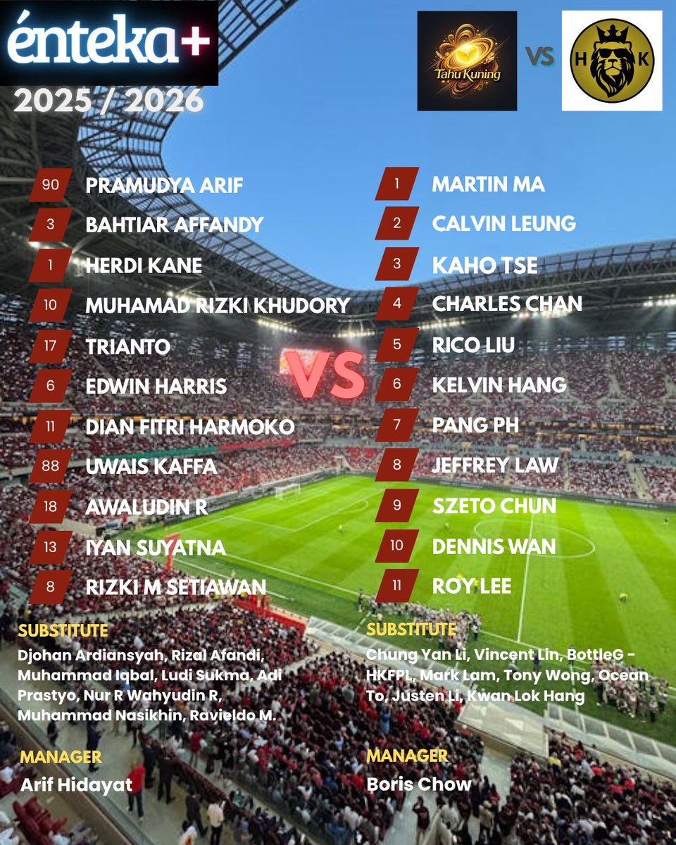MbahArif81's tweet photo. GW8 Match of 25/26 Enteka+ 🥁🥁🥁

Tahu Kuning Kediri @MbahArif81 VS HFPL PEAK UNITED @chowbck 

Let's go guys, give all the best for our supporter in home 🔥🔥🔥

@podopedia @iwansalimm https://t.co/70jsFv5WjM