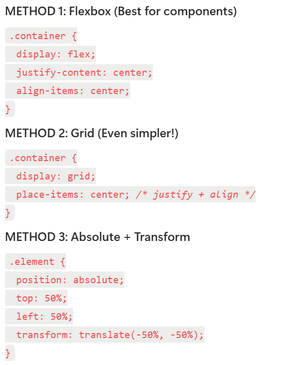 ShubhDJ191's tweet image. 🎯 CENTERING ELEMENTS (Every method):
Never use margin: 0 auto with Flexbox/Grid available!
#CSSCentering