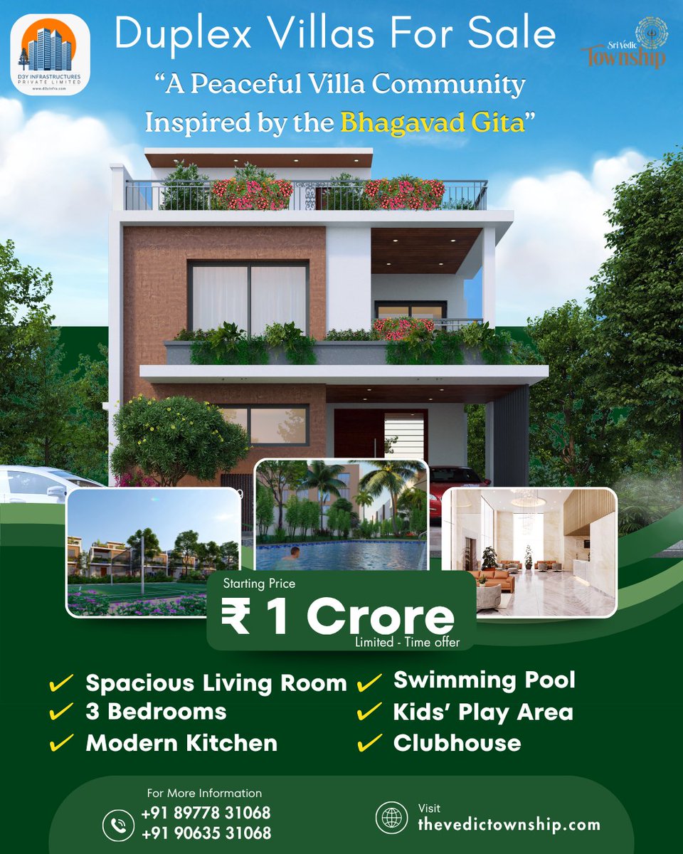 D3yinfra's tweet photo. Duplex Villas For Sale in Shankarpally, Price Starts From Rs: 1 Crore, This offer Valid For Limited Time and Limited Units.

More https://t.co/tT9ImNL5Ao
.
.
.
.
#d3yinfra #srivedictownship #vedicvillas #PropertyInvestment #RealEstateIndia #DreamHome #VedicLifestyle #hyderabadi https://t.co/6IQhNlYztZ