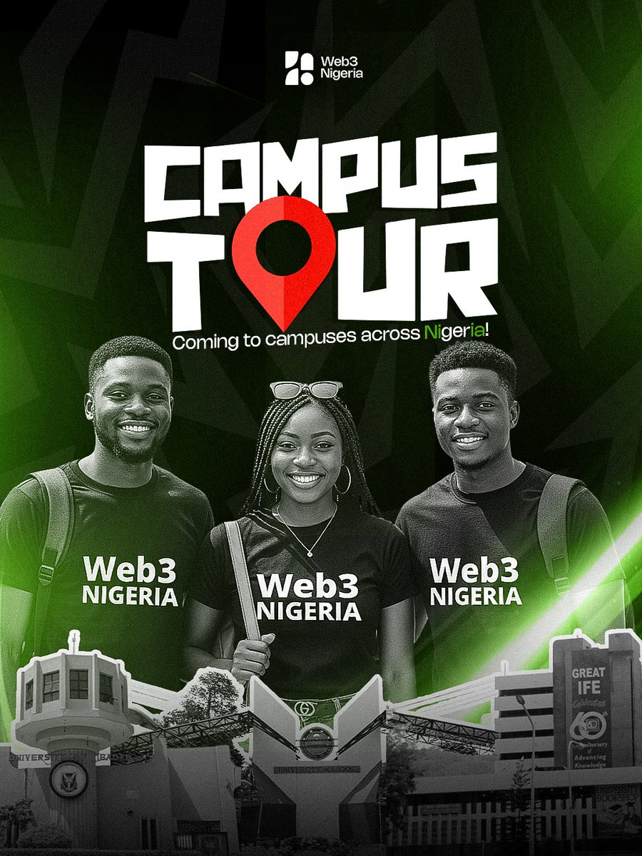 Web3Nigeria's tweet image. WEB3 NIGERIA CAMPUS TOUR! 🇳🇬

Join us on a fun, interactive campus tour to explore the world of Web3, blockchain, and digital innovation in Nigerian University campuses. 

Connect with fellow students, win prizes, and discover how you can start your journey in the decentralized…