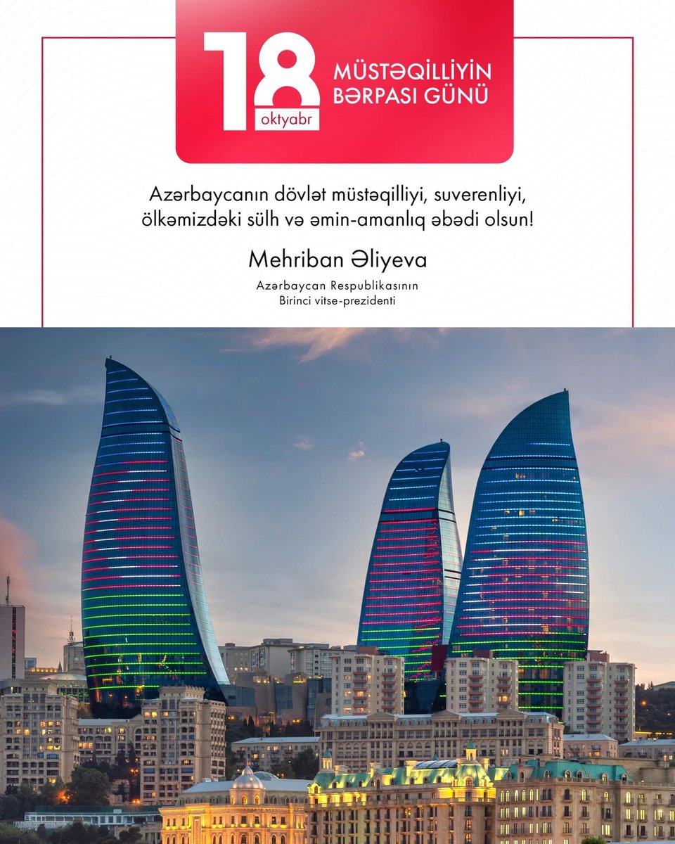 EsmiraKh's tweet photo. On October 18, 1991, the Constitutional Act on the #Independence of the Republic of #Azerbaijan was adopted. This Act is the cornerstone of our legal independence. #DayOfRestorationOfIndependence #October18 https://t.co/Qsdg22Mvvc