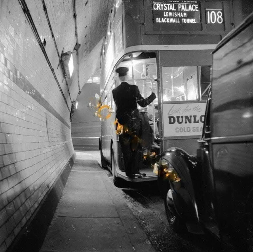 108 bus in the Blackwall Tunnel in Greenwich, London, SE10, 1950s