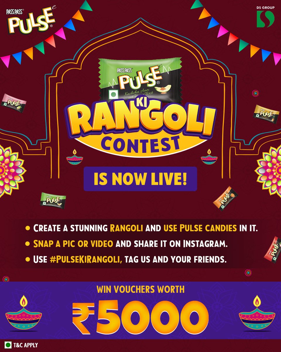 PassPass_Pulse's tweet image. To participate in the #PulseKiRangoli contest:
- Create a Rangoli using Pulse candies
- Take a picture or video
- Post on Instagram, tagging @passpass_pulse
- Use #PulseKiRangoli hashtag
- Tag friends to join in!
T&C Apply*